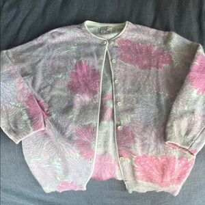 Vintage French Angora and Lambs Wool Floral Pink and Gray Women's Cardigan
